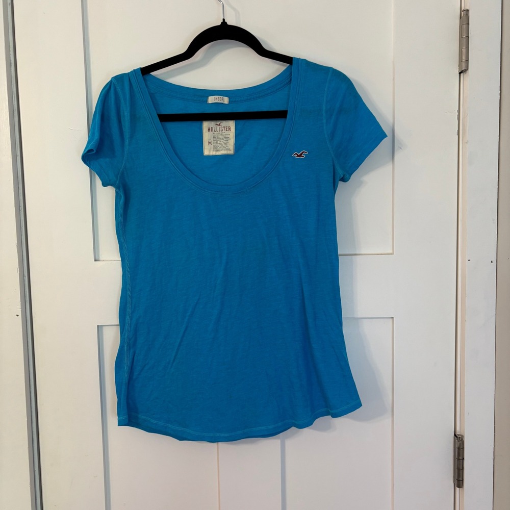 VTG Hollister California Sheer Blue Scoop Neck T-Shirt Seagull Logo Medium Y2K